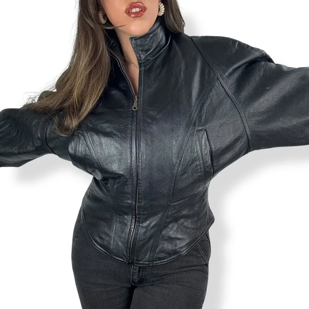 Vintage WILSONS LEATHER black batwing cropped corset motorcycle leather jacket - Picture 2 of 16